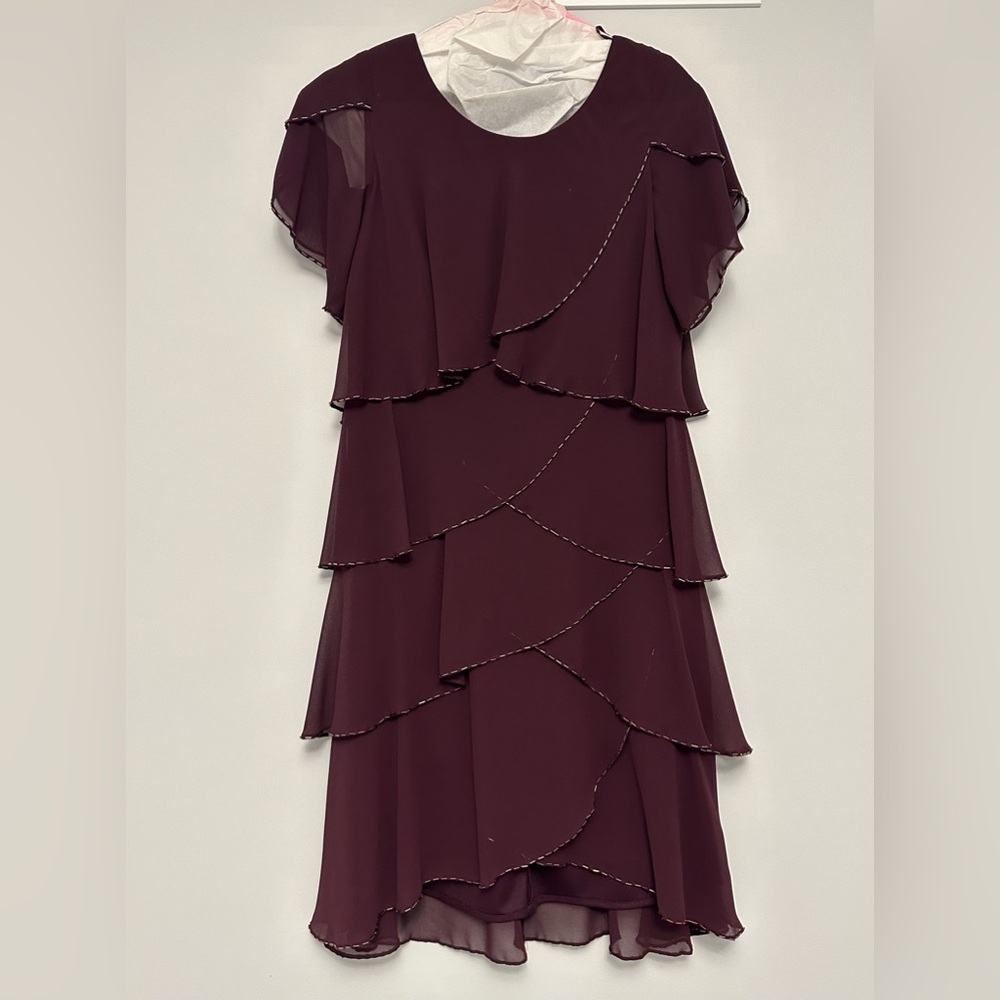 Beaded Tiered Chiffon  Dress in Aubergine